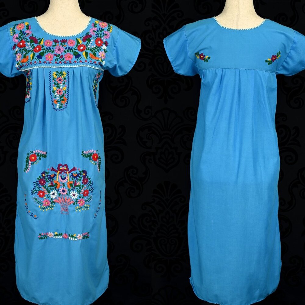 Vintage 50s/60s Blue Hand Embroidered Oaxacan Mexican Maxi Dress